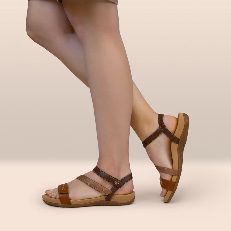 cognac multi adjustable quarter strap sandal on foot